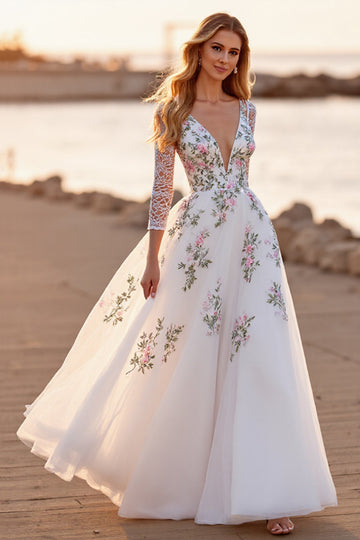 Floral White Applique Long Sleeve Wedding Dress
